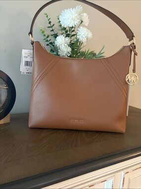 Michael Kors Cognac Pebbled Leather Shoulder Bag with Gold Tone MK Charm